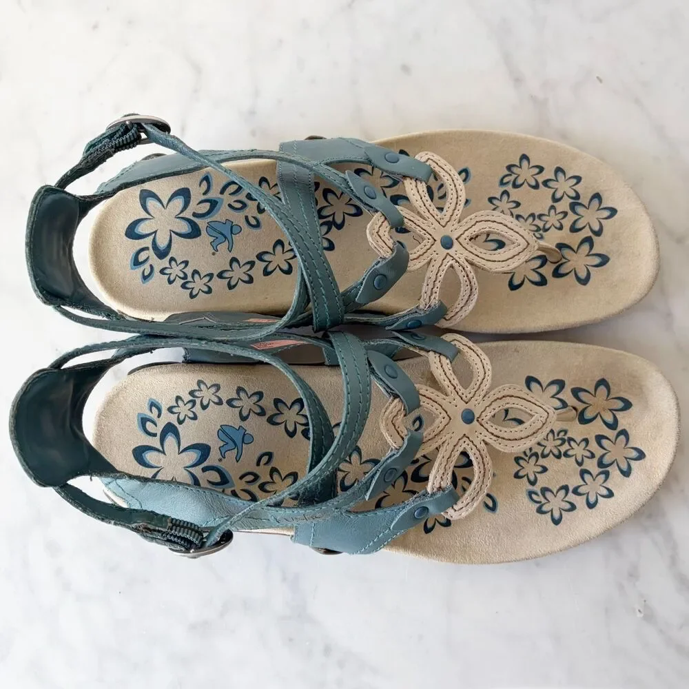Cushe Sierra Toe Post Sandals Women's 9 Blue Beige Leather Straps Buckle